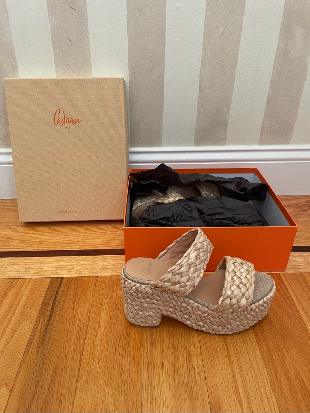 Castaner Braided Chunky Platform Slide Sandals in Natural Beige